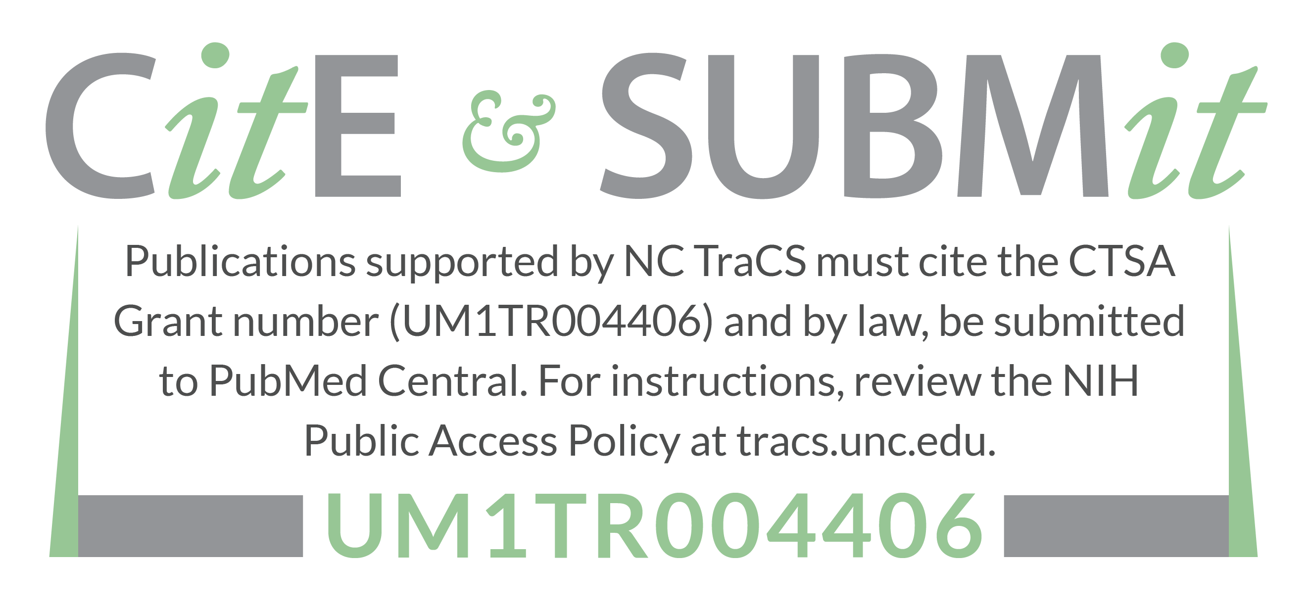 Cite and Submit graphic - All publications, press releases, or other documents that result from the utilization of any NC TraCS Institute resources are required to credit the CTSA grant and comply with NIH Public Access Policy (submission to PubMed Central).